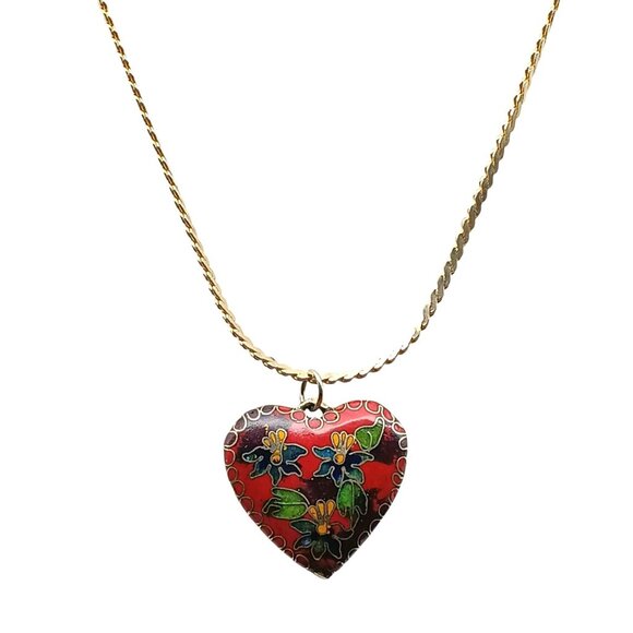 Vintage Heart-Shaped Cloisonné Puffy Pendant Necklace with Gold Chain and Rich E - Picture 1 of 3